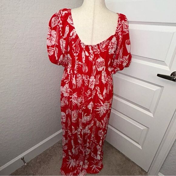 Eloquii Tropical Print Tie Front Off On Shoulder Maxi Dress - Picture 2 of 12
